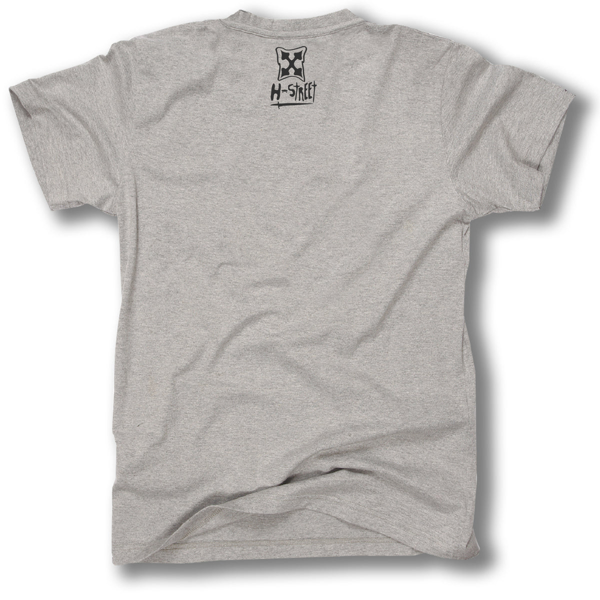 A plain light gray Minuteman ALPHA BEANIE BABE DESIGN T-SHIRTS crew seen from the back, featuring a small black graphic and H-Street text printed near the upper center below the collar.