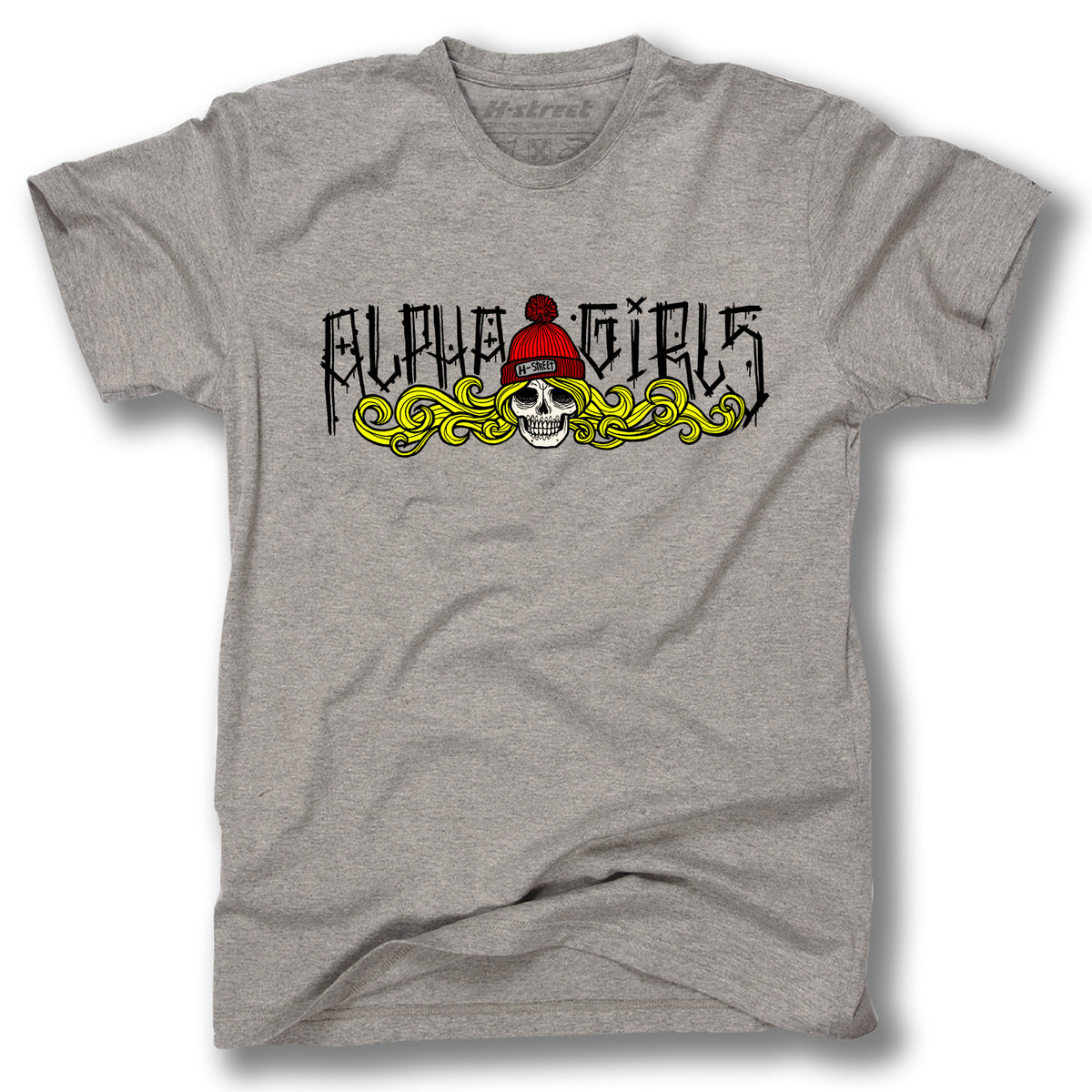 Minuteman’s ALPHA BEANIE BABE DESIGN T-SHIRTS: Gray tee with skull in red beanie, yellow swirls, and “Rude Girls” graphic—ideal for bold style lovers.