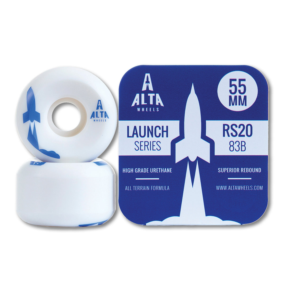A set of white Alta skateboard wheels, one with a blue rocket and ALTA WHEELS logo. Blue square packaging features a white rocket, labeled 55mm, RS20 83B, Launch Series. Made from high rebound urethane.