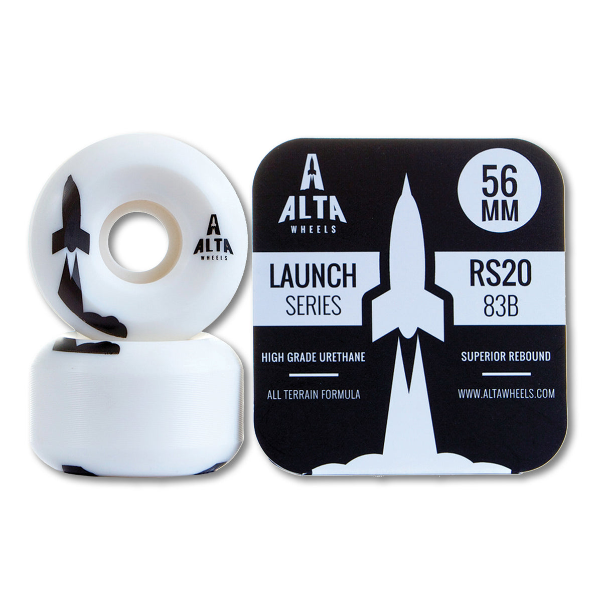 ALTA WHEELS by Alta: two white park skateboard wheels with a black rocket graphic, 56MM LAUNCH SERIES RS20 83B, made with high grade urethane for superior rebound. All Terrain Formula—ideal pool ramp wheels.