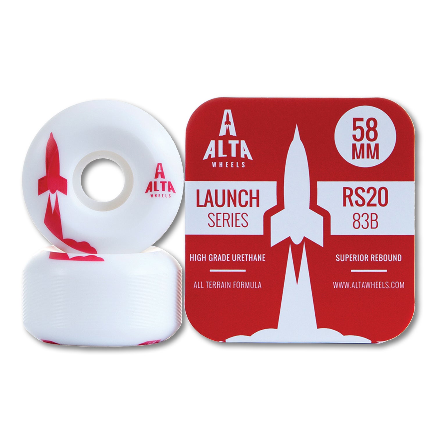 ALTA WHEELS by Alta: 58mm white skateboard pool ramp wheels with a red rocket design, labeled RS20 83B High Grade Urethane. Shown beside red and white ALTA Wheels Launch Series packaging; made with high rebound urethane.