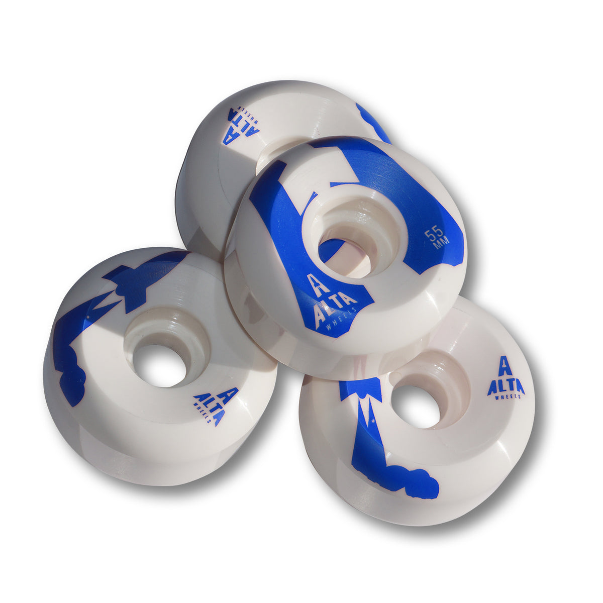 Four ALTA WHEELS by Alta, featuring blue graphics and branding, are stacked on a white background. Made from high rebound urethane, these white park skateboard wheels deliver optimal performance.