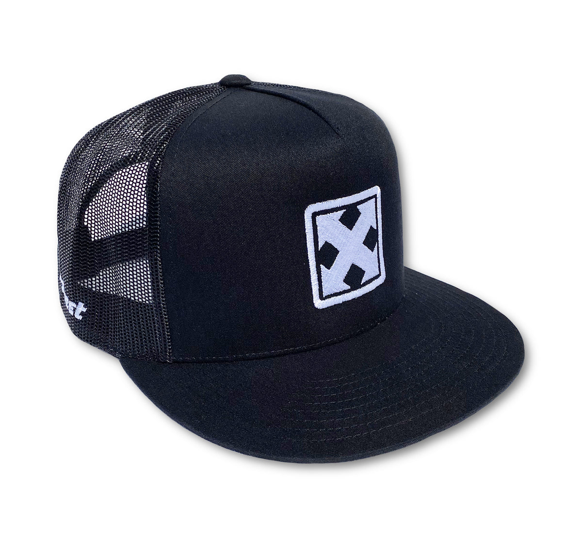 The DF Grafix H-STREET MARK LOGO BALL CAP is a black trucker hat with a mesh back and white embroidered X patch on the front, blending style and comfort. Shown on a white background.
