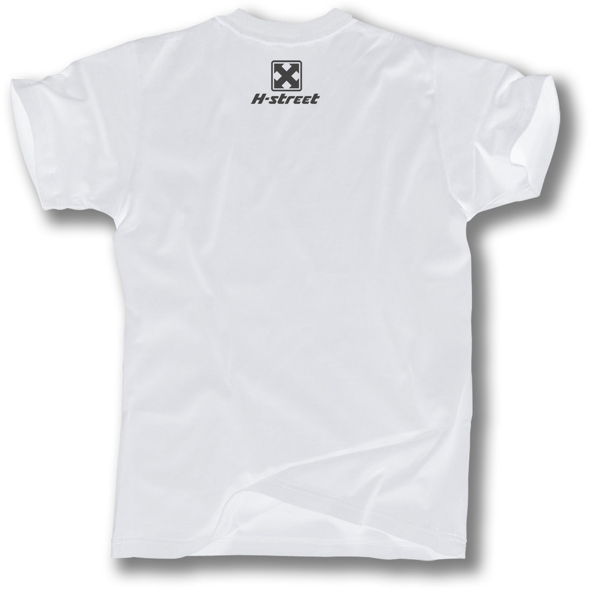 The TONY MAG PHOTO TEE by Minuteman is a white short-sleeve shirt shown from the back, featuring a black H-street logo and square symbol near the neckline, with slight wrinkles for a classic Backside Air tribute.