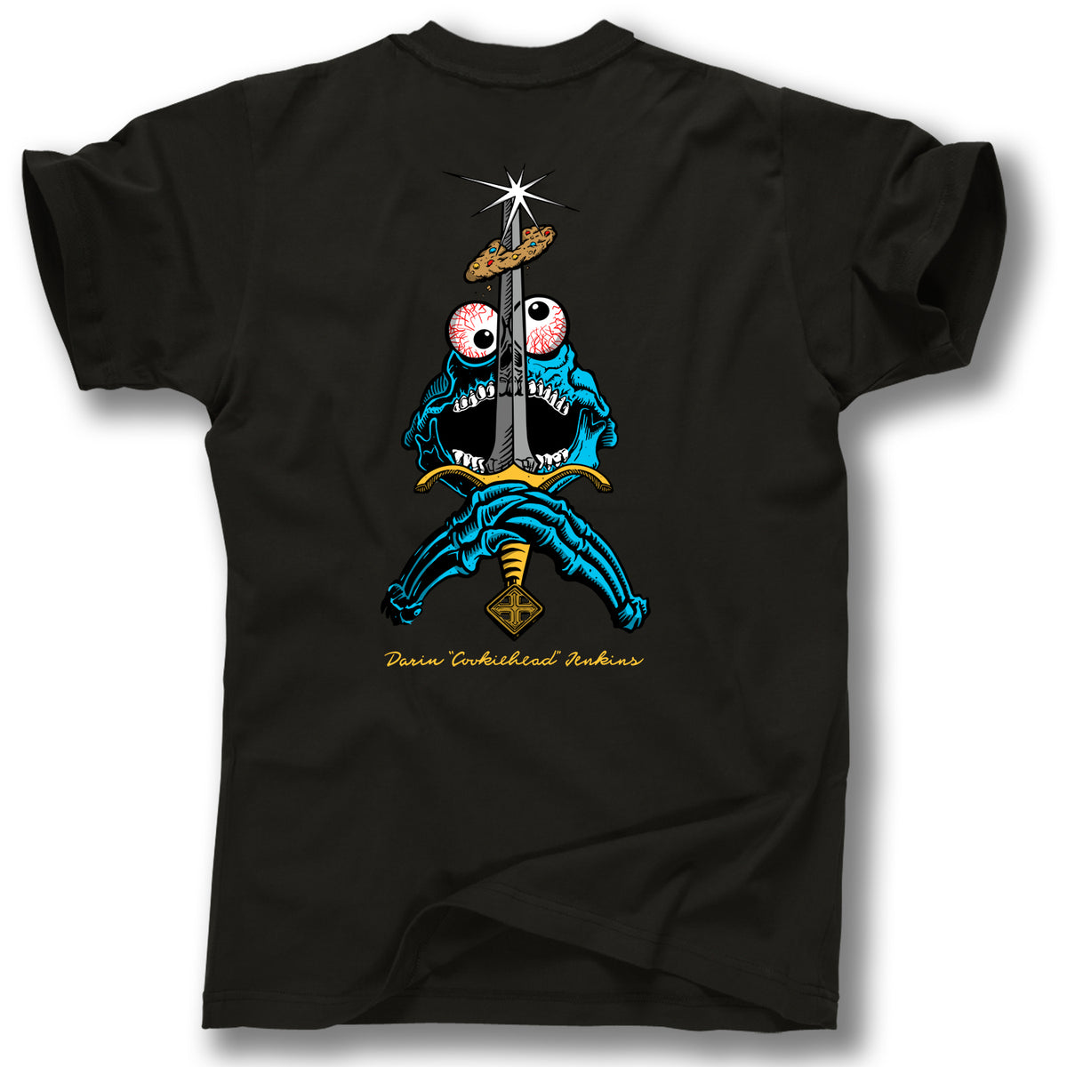 The Minuteman SWORD AND COOKIE SKULL TEE is a black shirt with a cartoon blue monster wielding a sword and gold “Paris Troubleshoot Authors” text—classic graphic tee for bold style lovers.