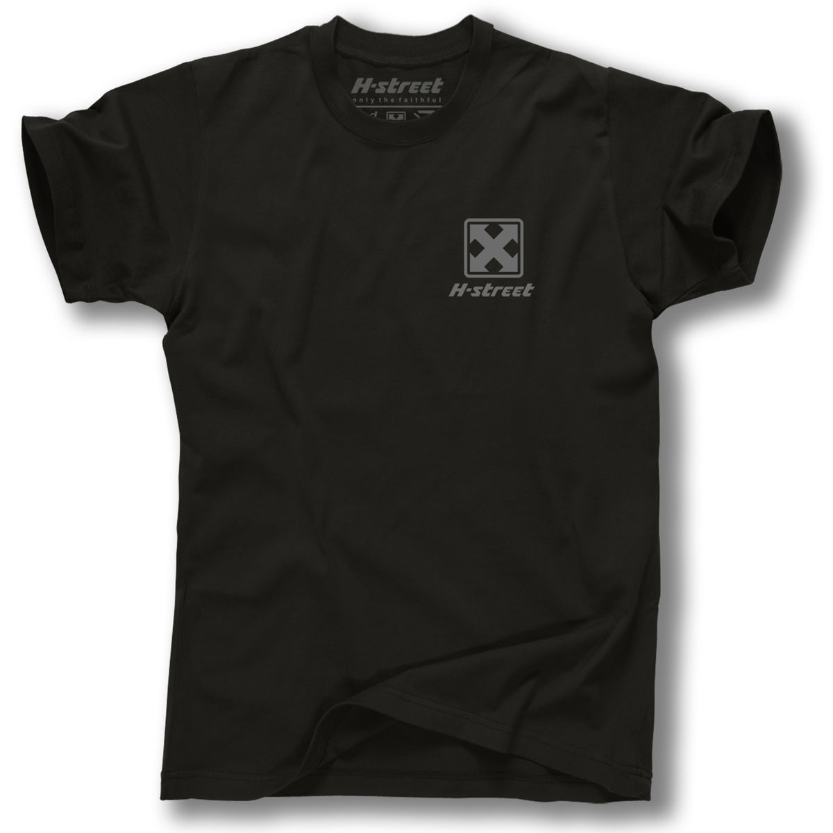 Black Minuteman SWORD AND COOKIE SKULL TEE featuring a small, light gray square “X” logo with "H-street" text on the left chest. Shirt is laid flat on a white background.