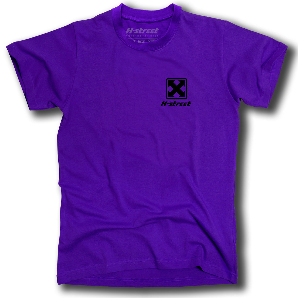 A plain purple Minuteman SWORD AND COOKIE SKULL TEE featuring a small black square logo with an X and H-street text on the left chest. "H-street" is also written in gray on the collar for a genuine, classic skate style.