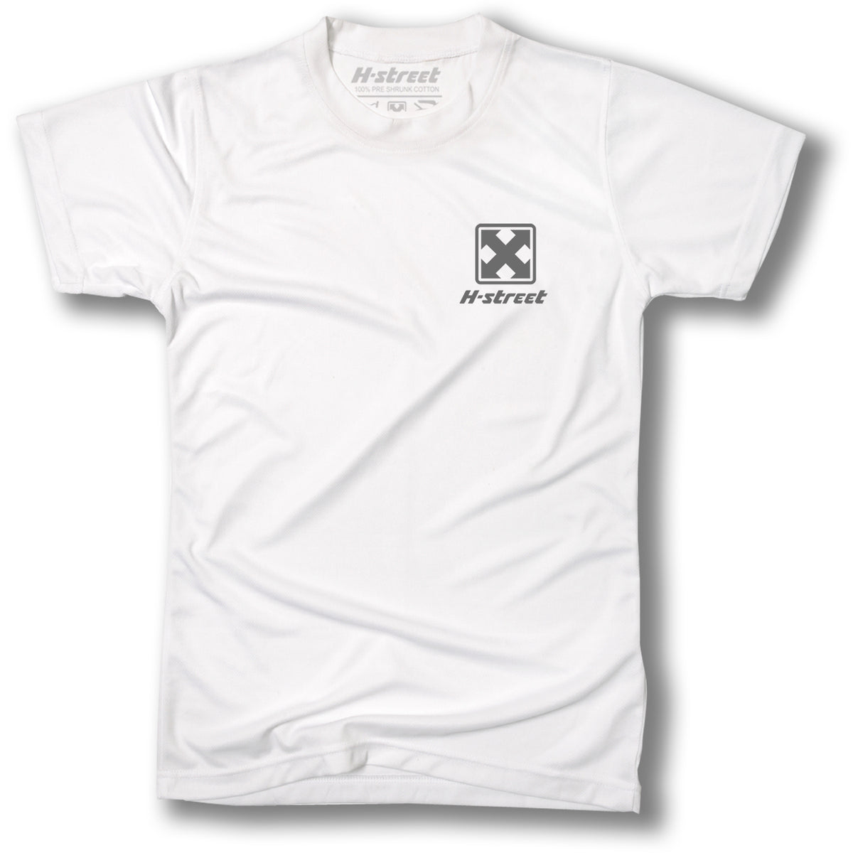 A plain white short-sleeve Minuteman SWORD AND COOKIE SKULL TEE featuring a small black logo and X symbol on the left chest is laid flat on a white background.