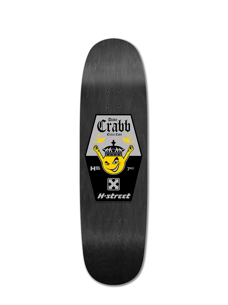 A black retro-modern Schmidt skate deck, the DAVE CRABB PRO MODEL, features a hexagonal graphic with a crowned yellow smiling crab, the text "Dan Crabb Crab Cat," and the H-Street logo—a true Crabb classic.