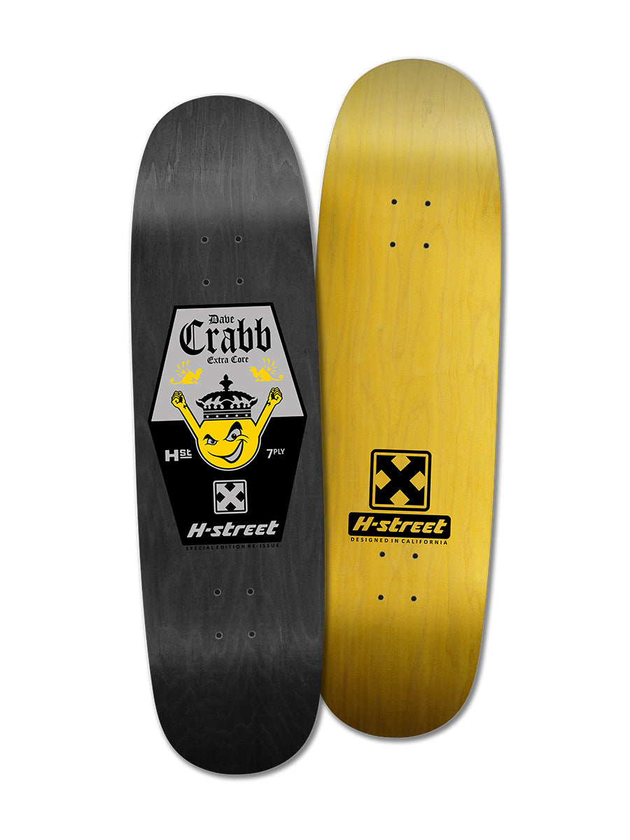 Two skateboard decks are shown: a Schmidt DAVE CRABB PRO MODEL deck with a smiling crown-wearing face and H-Street logo, and a plain yellow wood H-Street re-issue skateboard.