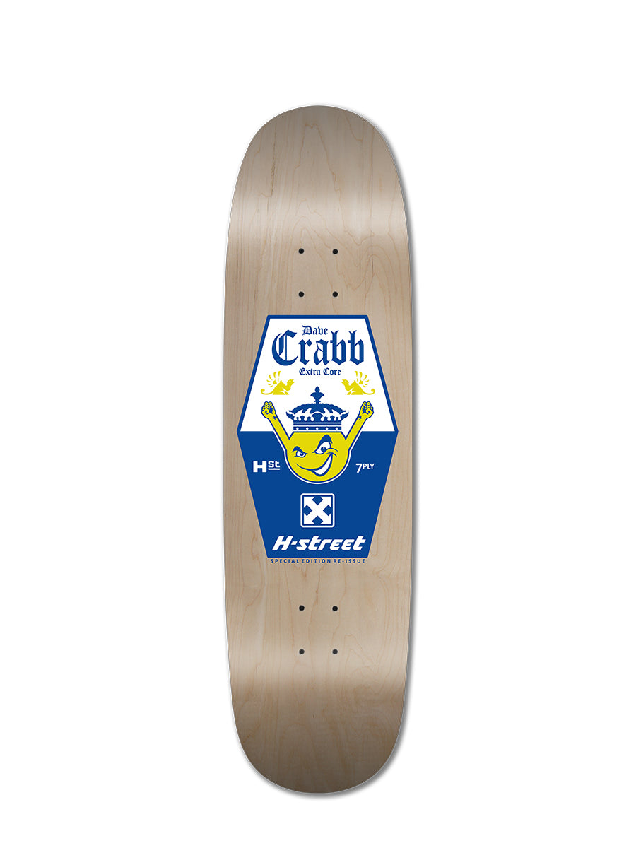 A Schmidt DAVE CRABB PRO MODEL skateboard deck with a blue hexagonal graphic, yellow cartoon crab, “Dale Crabb” text, classic branding, natural wood finish, and rounded edges—a retro-modern re-issue.