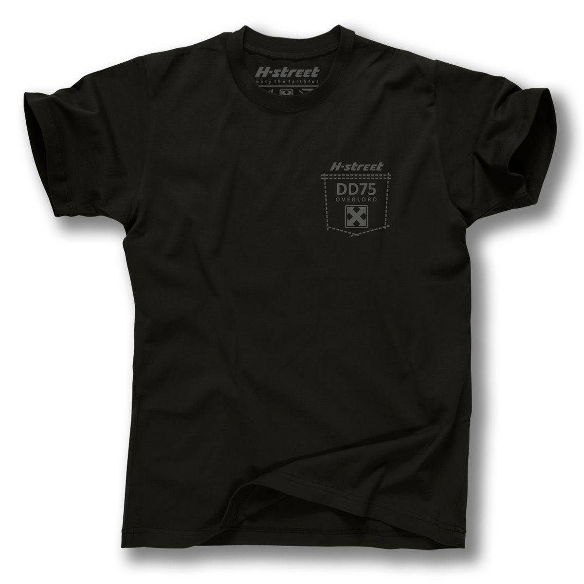 The Minuteman D-DAY MEMORIAL SHIRT is a black tee with a bold chest print and pocket-style “DDT75 OVERDO” graphic plus an X symbol, inspired by Operation Overlord, and strikingly stands out on a white background.