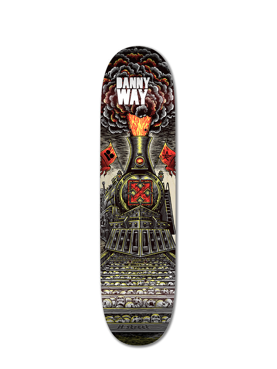 The Woodchuck DANNY WAY POP HEAVY METAL TRAIN skateboard deck features a vivid steam train graphic with Danny Way above, skulls on the tracks, and red flags—an H-Street Plan B collab in bold, dark colors.