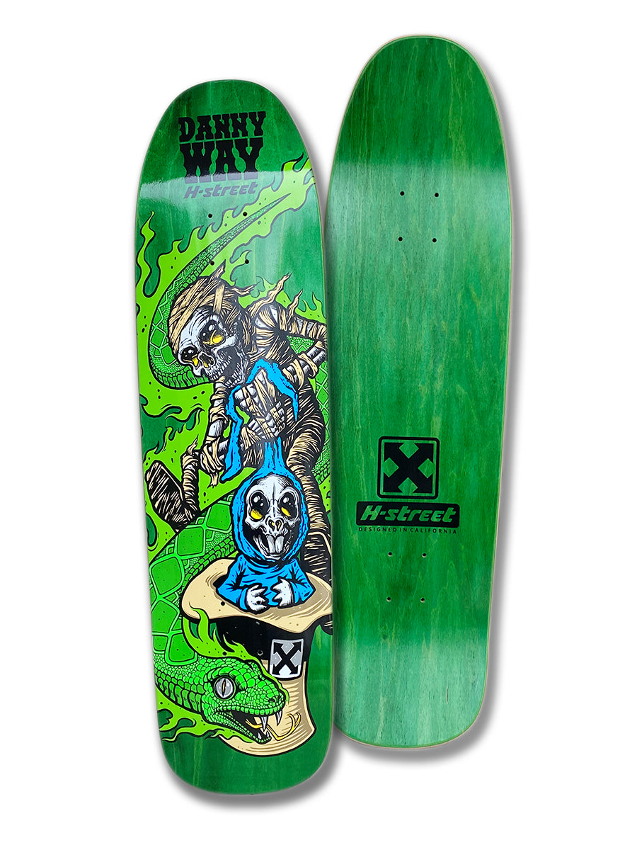 Two green Woodchuck DANNY WAY SERPENT & RABBIT skateboard decks. Front shows two skeletons, green flames, and a green snake with “Danny Way H-Street”; back is plain green with the H-Street logo at the bottom—a vintage collectible.