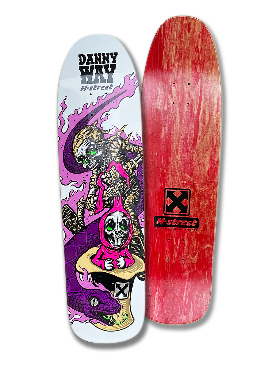 Two skateboard decks: a Woodchuck DANNY WAY SERPENT & RABBIT deck with colorful mummy and skull art, and a plain reddish wood Danny Way skateboard. Both feature the H-Street logo.