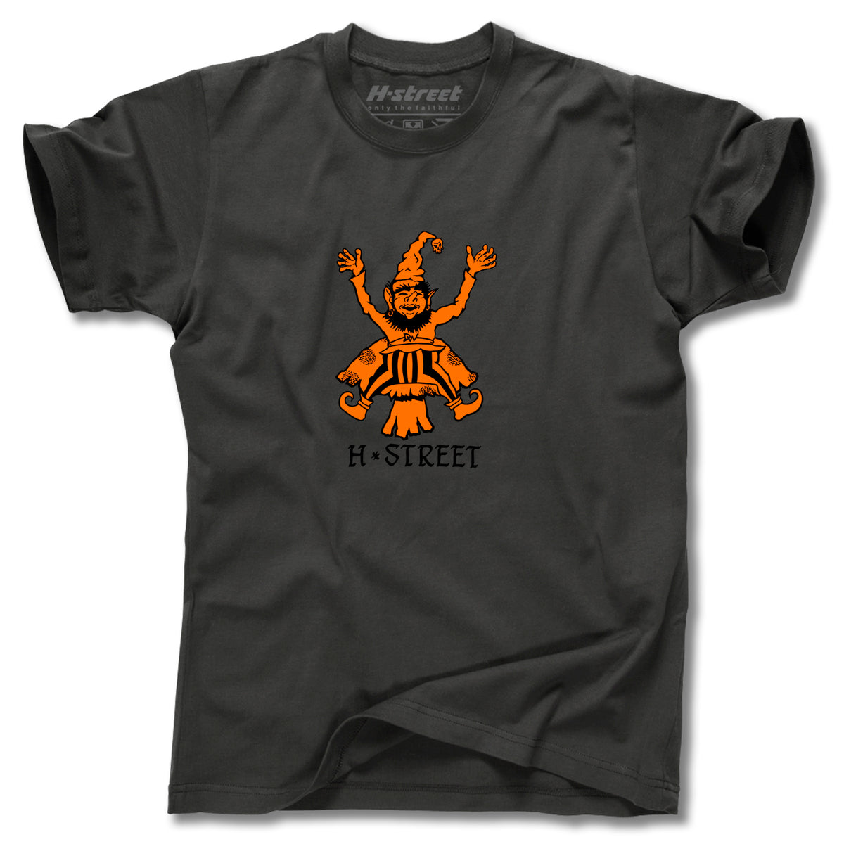 The Minuteman DANNY WAY GIANT TEE is a black, ring-spun cotton shirt with a bright orange cartoon character raising its arms and wearing a hat, above the “H-STREET” text in black caps.