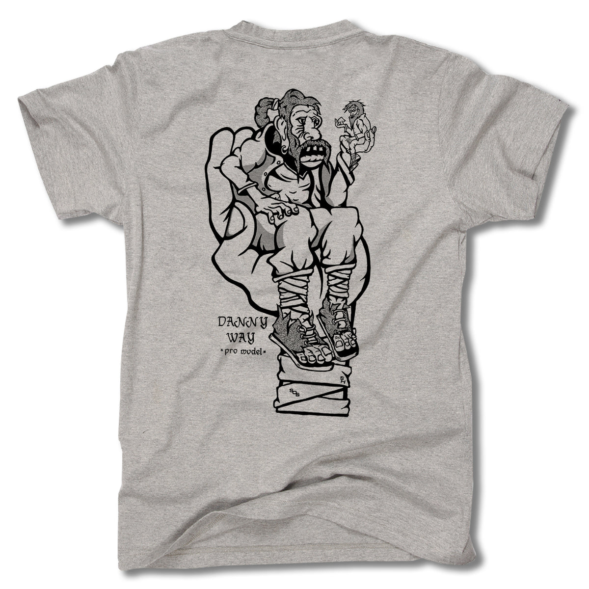 The Minuteman DANNY WAY GIANT TEE is a gray ring-spun cotton shirt with a cartoon man on a giant hand holding a smaller figure, "Danny Way pro model" text below, and made in the USA.