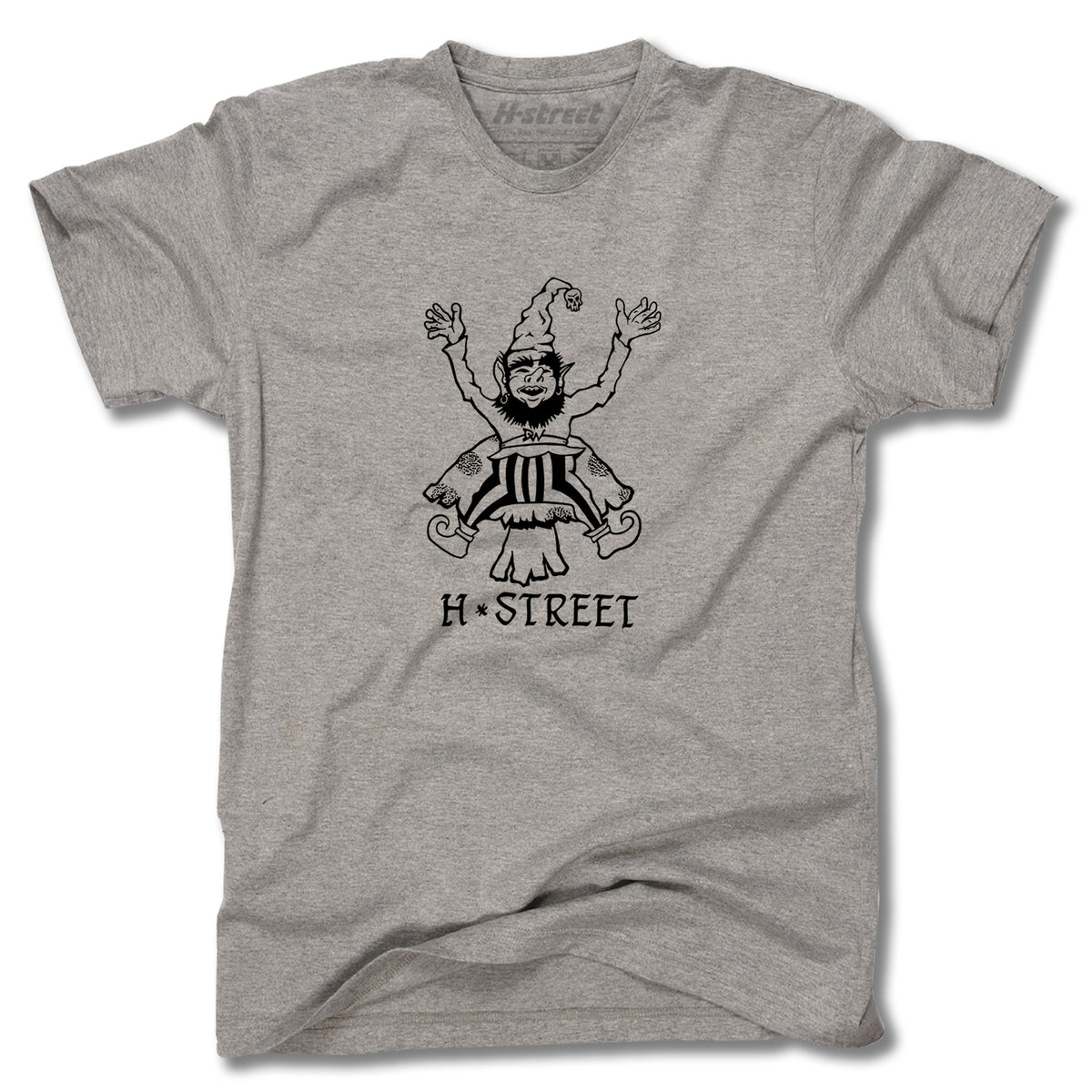 The Minuteman DANNY WAY GIANT TEE is a heather gray ring-spun cotton shirt with a black line art clown in a pointed hat and "H STREET" text, inspired by the iconic Danny Way Giant graphic.