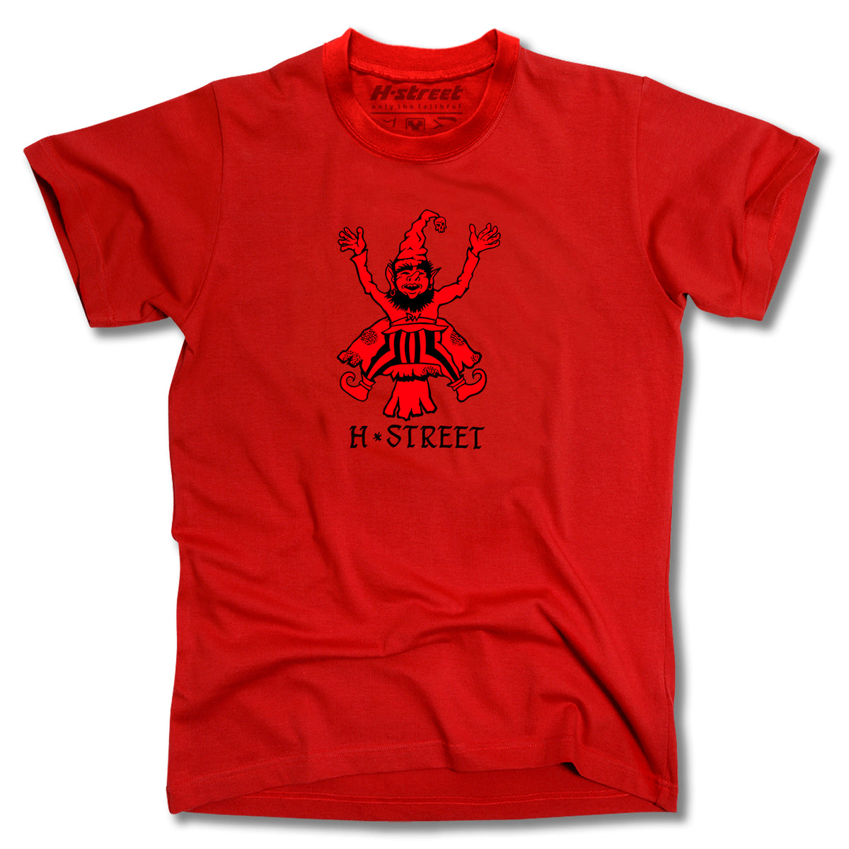 The Minuteman DANNY WAY GIANT TEE is a red ring-spun cotton shirt featuring a bold black graphic of a smiling figure with arms raised and “H-STREET” printed below. Made in the USA.