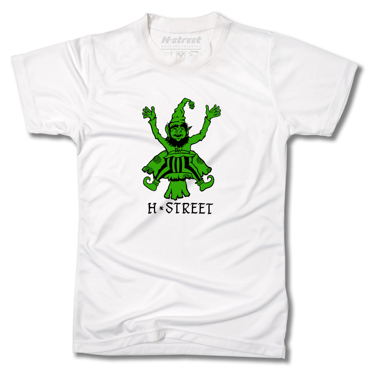 The Minuteman DANNY WAY GIANT TEE is a white ring-spun cotton shirt with a green cartoon jester and “H-STREET” in black stylized letters, capturing a playful graphic vibe.