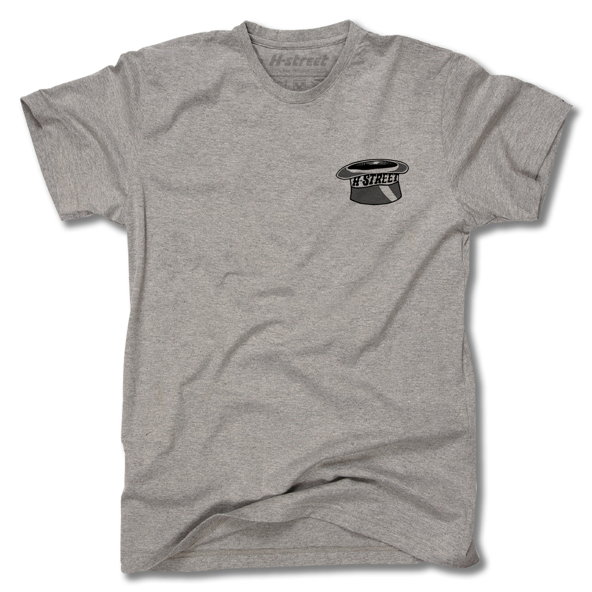The DANNY WAY RABBIT IN THE HAT TEE by Minuteman is a heather gray shirt featuring a small black and white skateboard and H-Street text on the left chest. Made in the USA, shown laid flat on a white background.