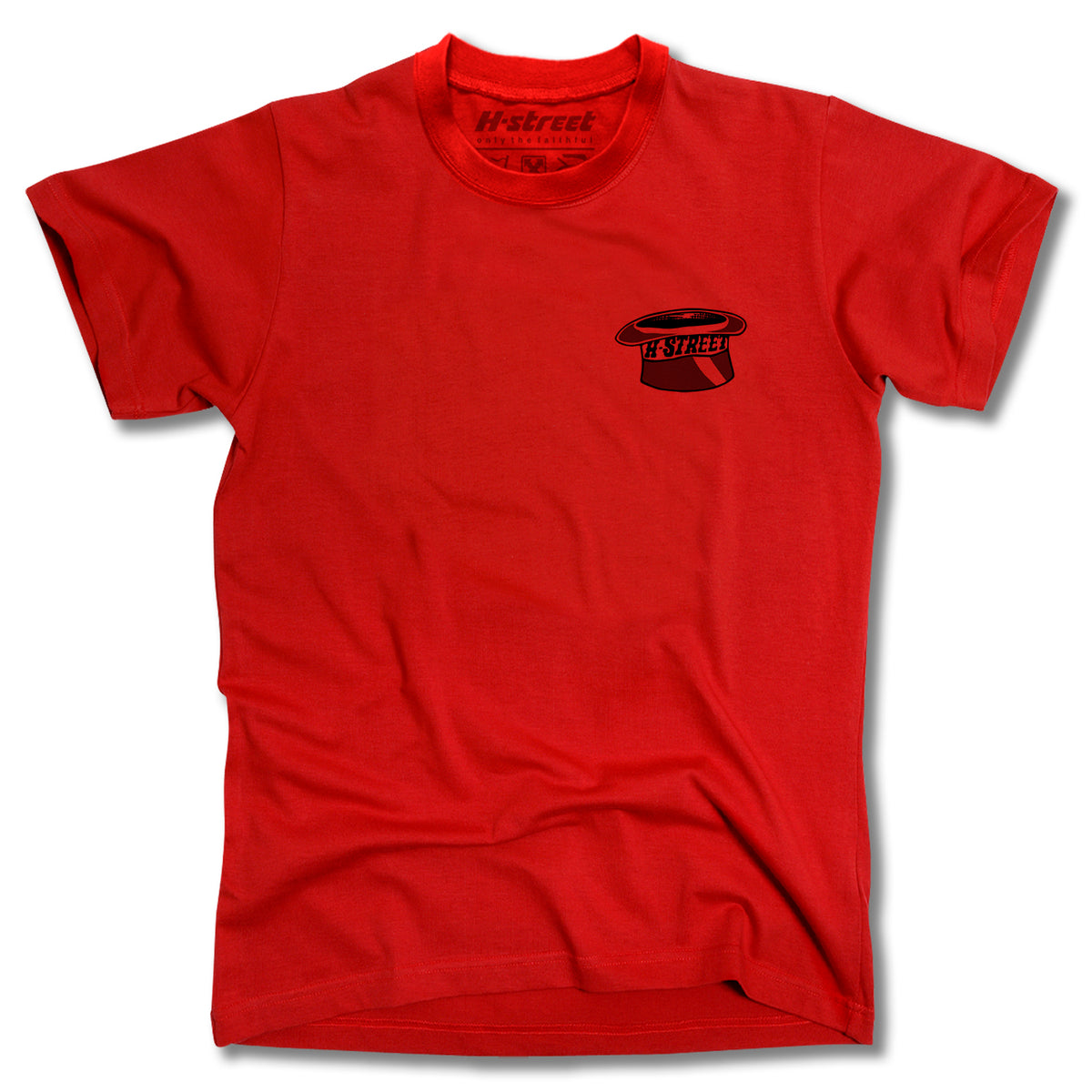 The Minuteman DANNY WAY RABBIT IN THE HAT TEE is a plain red shirt with a small black top hat and Rabbit in the Hat graphic, plus "H-Street" on the left chest.