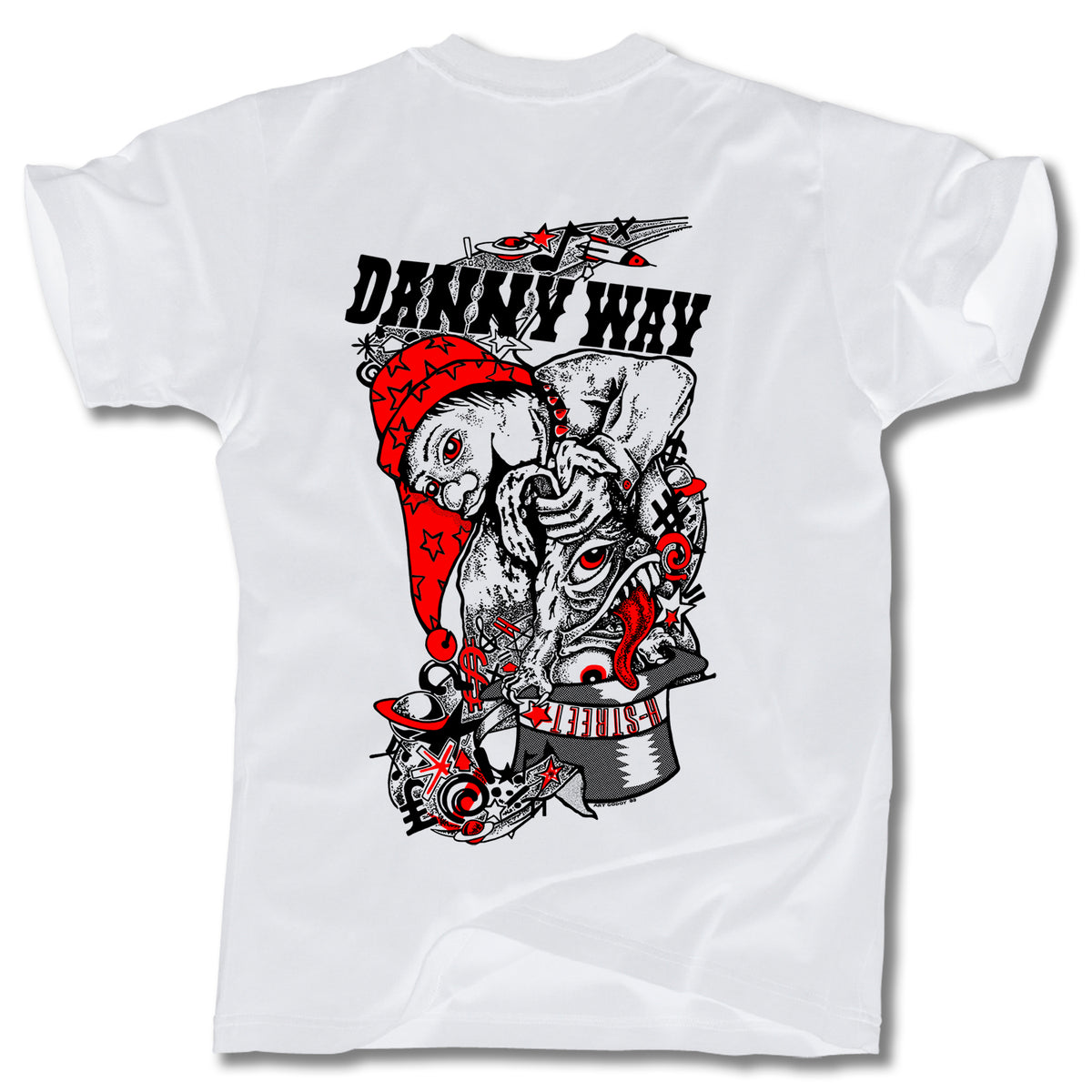 The Minuteman DANNY WAY RABBIT IN THE HAT TEE features a bold graphic of a surreal rabbit in a Santa hat emerging from a top hat on the back, with “DANNY WAY” text above. Made in the USA.