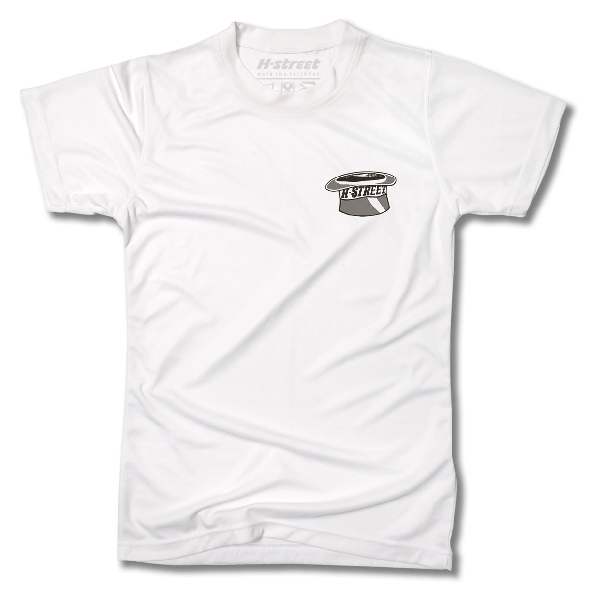 The Minuteman DANNY WAY RABBIT IN THE HAT TEE is a plain white shirt with a small black and white "Rabbit in the Hat" graphic labeled H-Street on the left chest, and Minuteman branding inside the collar.