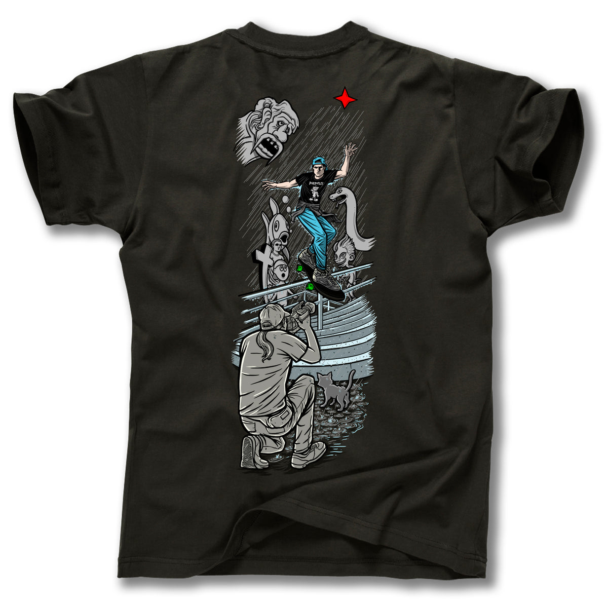 The Minuteman DUFFY BACK LIP TEE is a black shirt with an illustrated skateboarder grinding a rail, a photographer, stylized faces, and a red star—paying tribute to Pat Duffy legends and H-Street guest model designs.