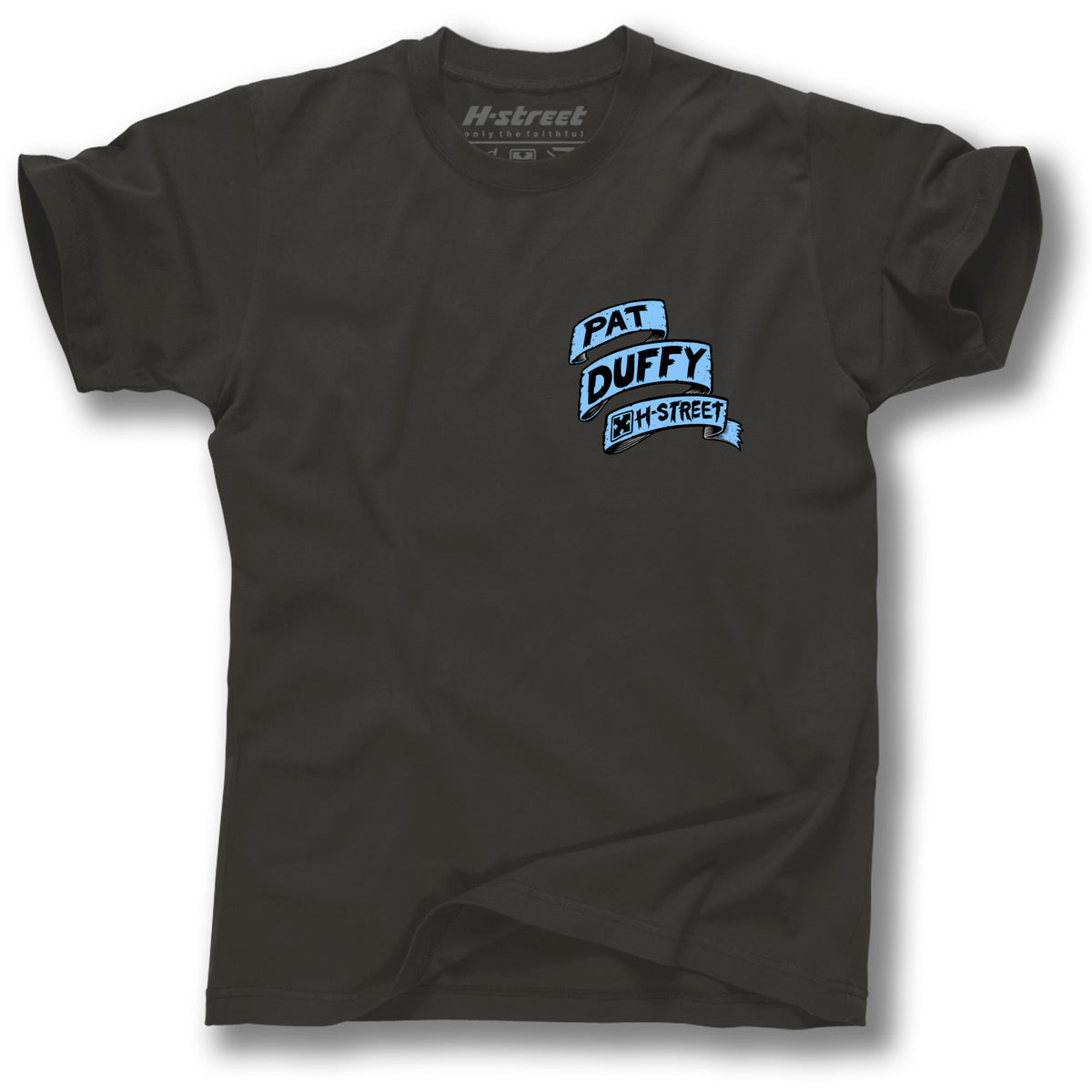 The Minuteman DUFFY BACK LIP TEE is a black shirt featuring light blue "Pat Duffy" above "H-Street" on the left chest, honoring the skateboarding Hall of Fame legend.