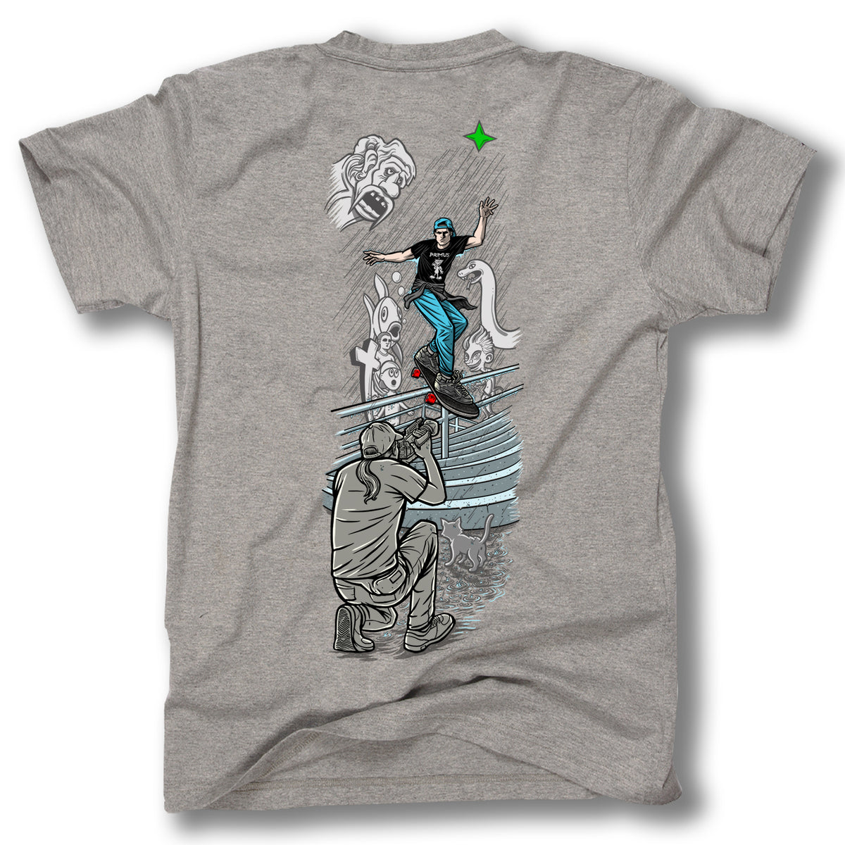 The Minuteman DUFFY BACK LIP TEE features a skateboarder grinding a rail as a photographer captures the moment, with urban graffiti-style faces and a green star—a tribute to skateboarding legends—in the backdrop.