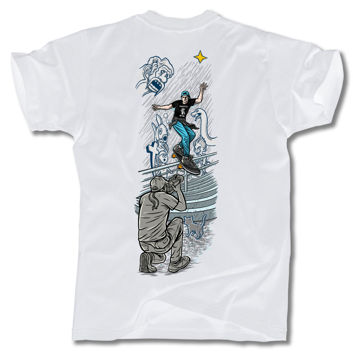 The Minuteman DUFFY BACK LIP TEE is a white T-shirt featuring a skateboarder grinding a rail with a photographer kneeling in the foreground, and stylized graffiti faces and shapes above the rail. Inspired by the Pat Duffy era.