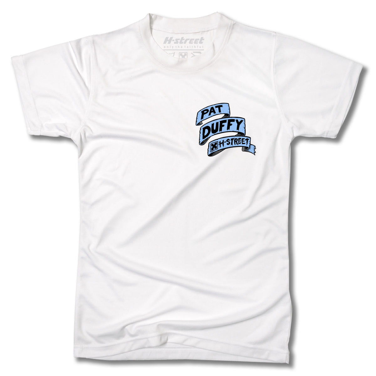 The Minuteman DUFFY BACK LIP TEE is a white short-sleeve t-shirt featuring a blue "PAT DUFFY over H-STREET" banner graphic on the left chest, celebrating Pat Duffy's legendary H-Street guest model. Laid flat on a white background.