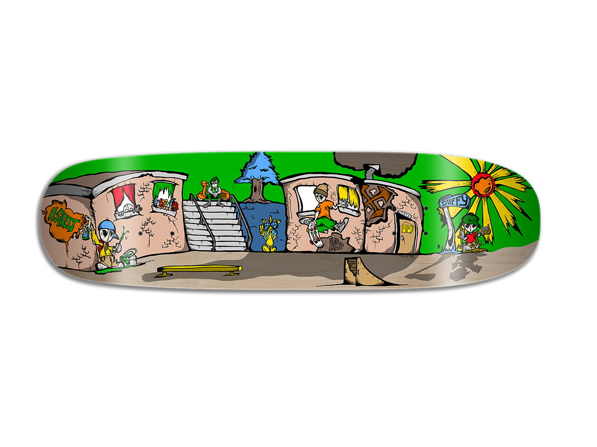 The Woodchuck PAT DUFFY STREET SCENE skateboard features a cartoon design inspired by the iconic H-Street guest model—a collectible tribute to skateboarding legend Pat Duffy.