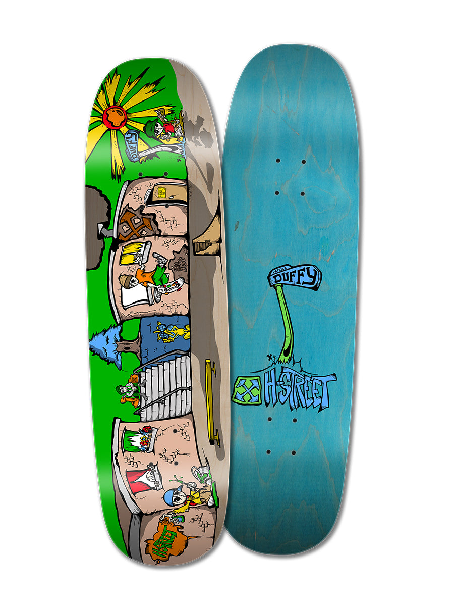 Two skateboard decks: one is the Woodchuck PAT DUFFY STREET SCENE model, featuring cartoon characters at a wild party; the other is plain blue with “Duffy” and “Heretic” logos in black and green—a Hall of Fame Skateboarding nod.