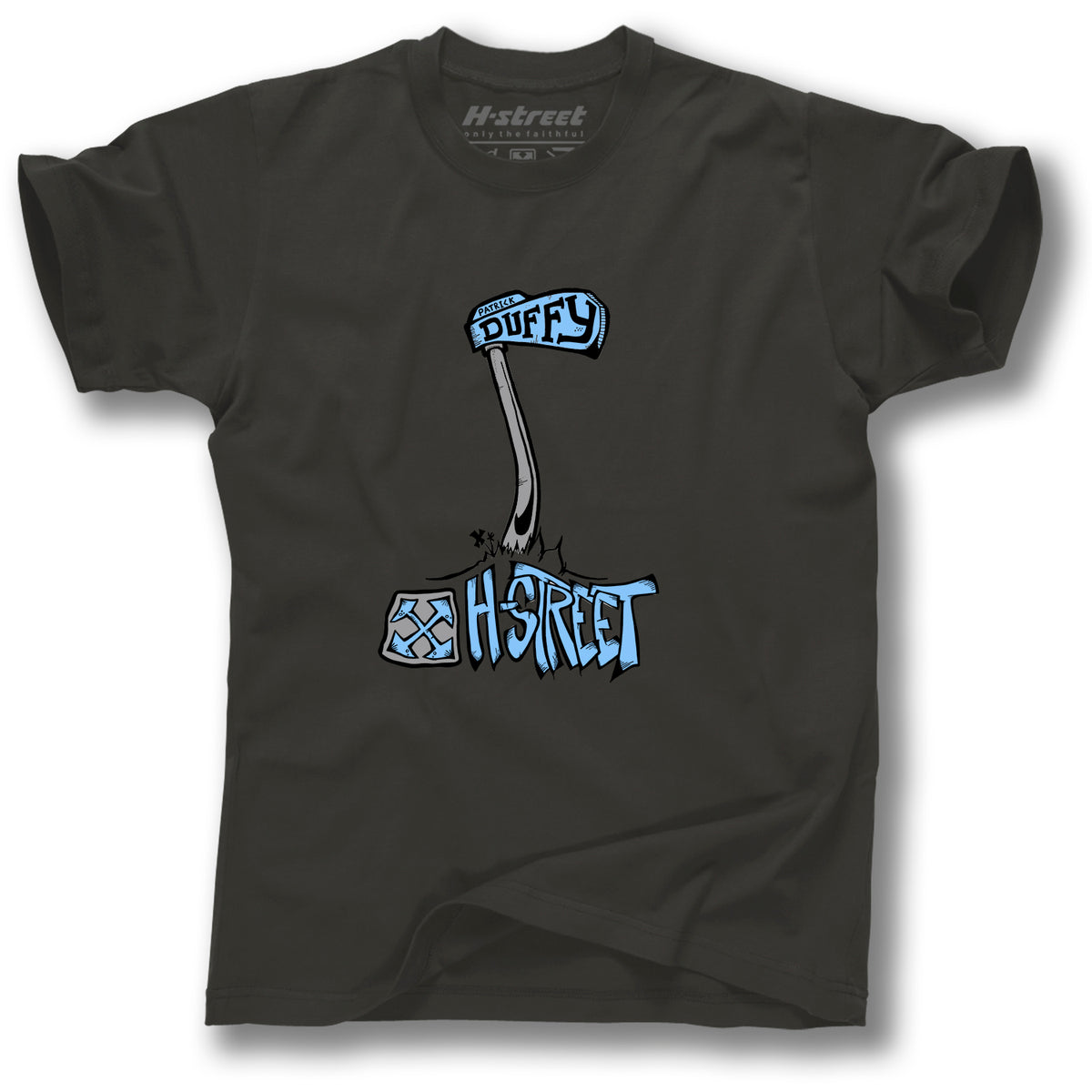 The Minuteman DUFFY STREET SCENE TEE is a black shirt with a blue street sign reading “Duffy” above bold H-Street text—a Pat Duffy skateboard tee inspired by H-Street skateboarding heritage.