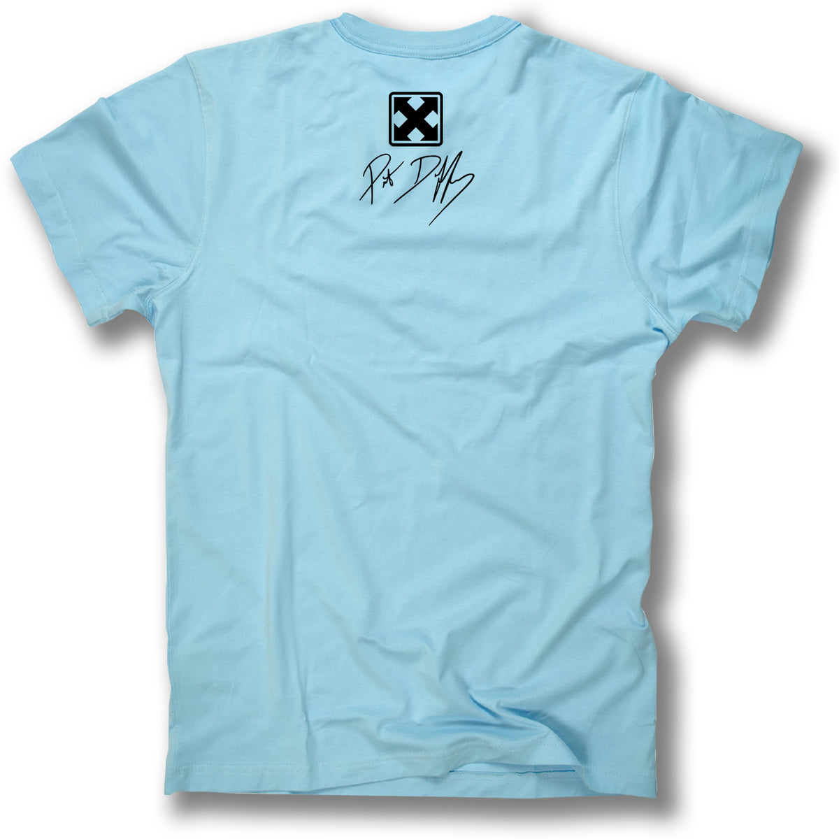 The DUFFY STREET SCENE TEE by Minuteman features a light blue back view with a black crossed-out box and stylized “Psy Days” text near the upper center, inspired by Hall of Fame skateboarding style. The rest of the tee is plain.
