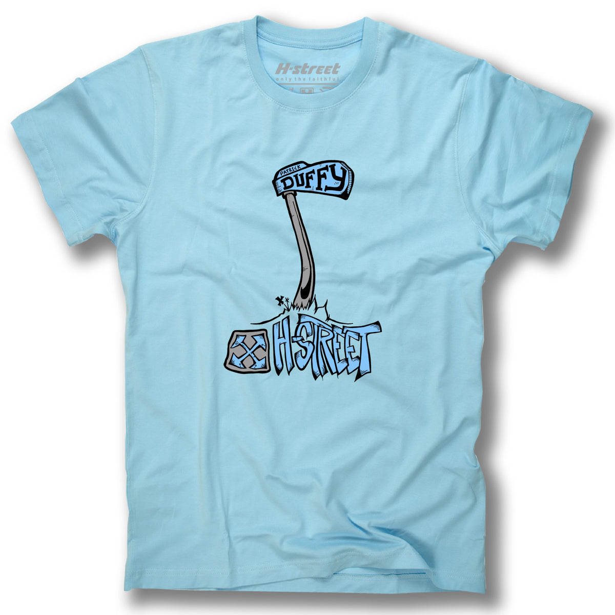 The Minuteman DUFFY STREET SCENE TEE is a light blue skateboard shirt featuring a broken street sign with "DUFFY," graffiti-style H-STREET text, and a small H-Street skateboarding logo at the bottom left.