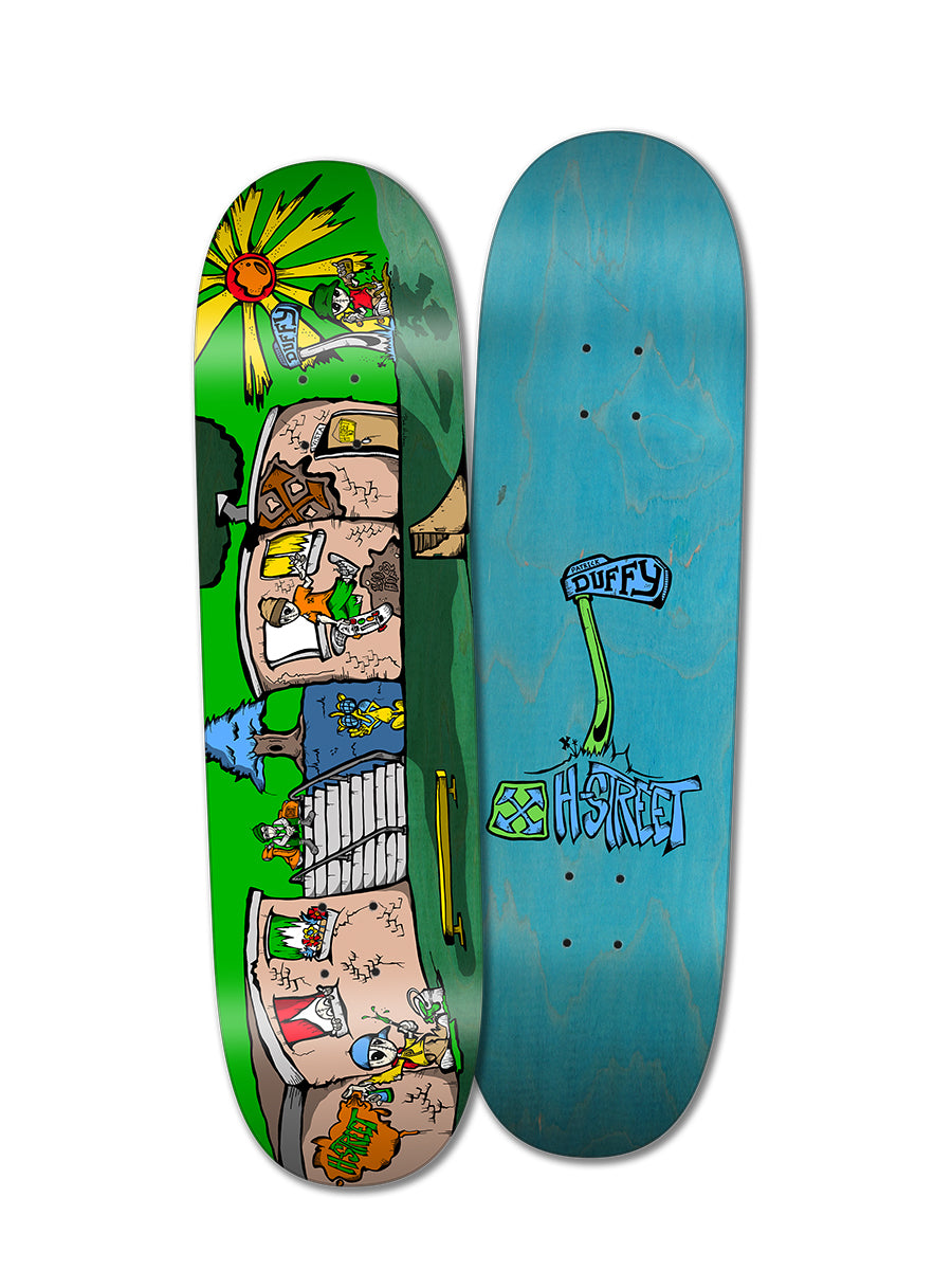 Two skateboard decks: one has vibrant cartoon-style outdoor art; the other is a Woodchuck PAT DUFFY STREET SCENE model in plain blue with “Duffy” and “H-Street” logos in blue and green.