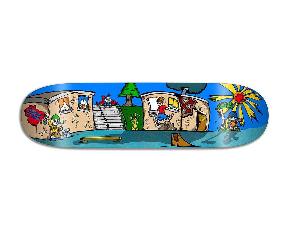 The Woodchuck PAT DUFFY STREET SCENE skateboard deck showcases a vibrant cartoon of people skateboarding by buildings and graffiti, ideal for fans of Pat Duffy and Hall of Fame Skateboarding style.