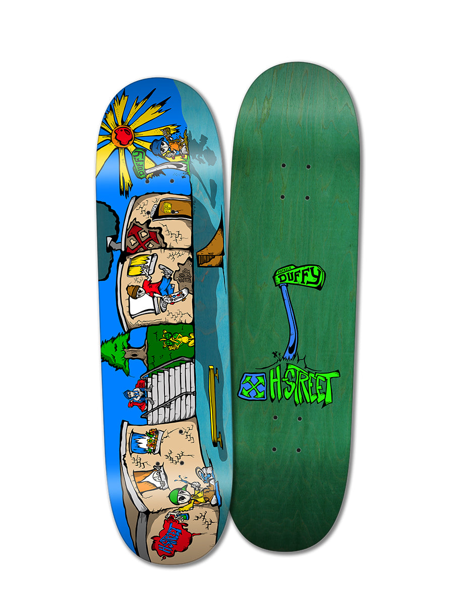 Two skateboard decks: a green Woodchuck Pat Duffy Street Scene with H-STREET logos, and an H-Street guest model featuring vibrant cartoon skaters, houses, and a sunny blue sky—ideal for Hall of Fame Skateboarding fans.