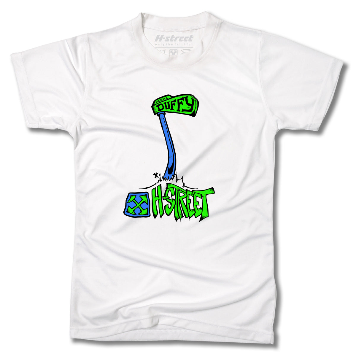 The Minuteman DUFFY STREET SCENE TEE is a white shirt with a stylized blue skateboard, green “DUFFY” sign, and graffiti-style “H-STREET” text—celebrating Hall of Fame skateboarding and the iconic Pat Duffy tee.