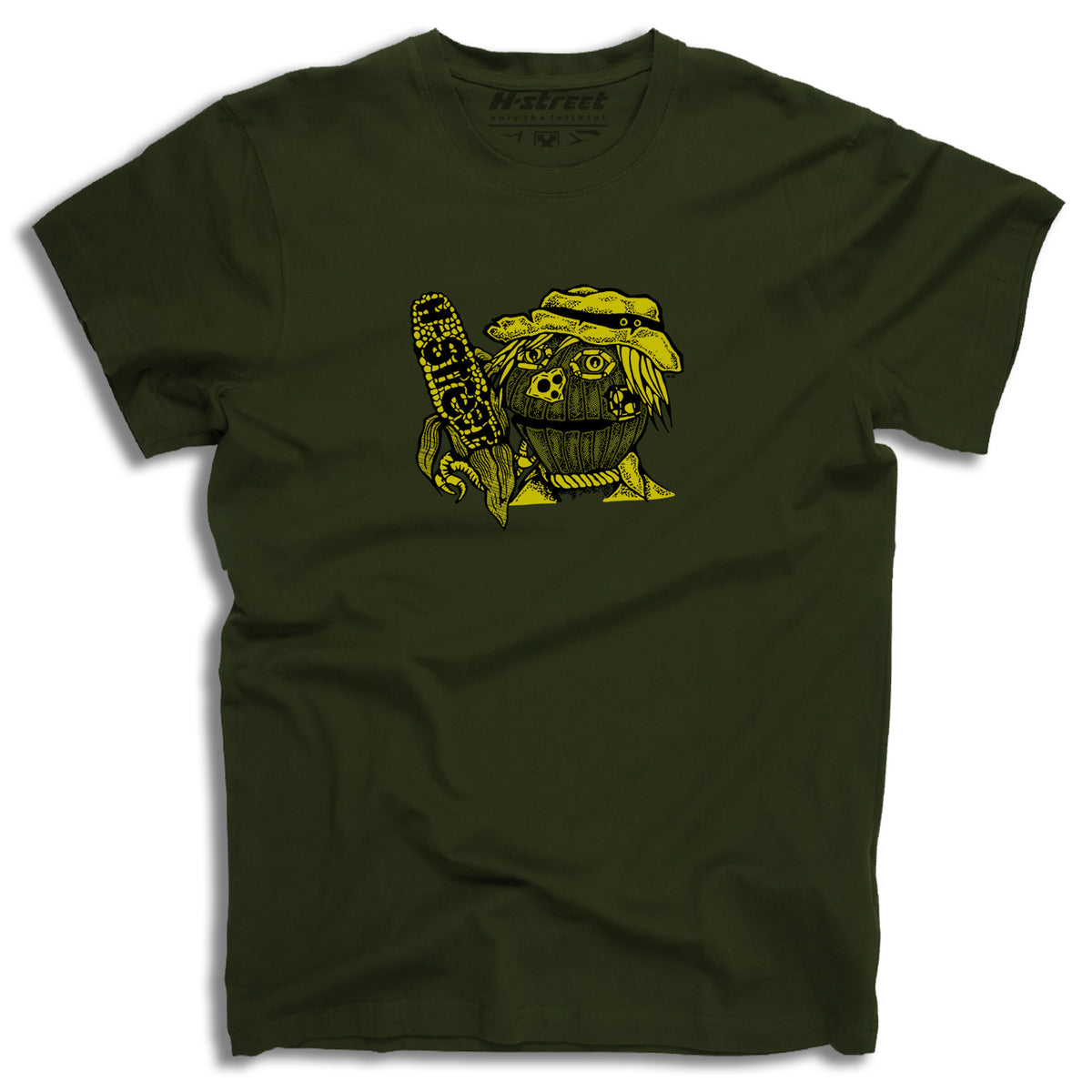 The Minuteman EDDIE ELGUERA EL GATO SCARECROW TEE is an olive green graphic shirt with a yellow cartoon coconut in a hat, holding a surfboard and topped with a bird—perfect for adding playful style to your look.