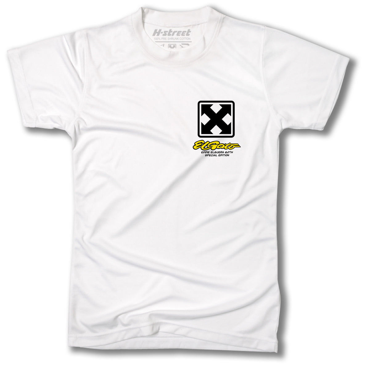 The Lady Luck EDDIE ELGUERA X EL GATO 60TH TEE is a white t-shirt with a black and white X symbol and yellow H-Street text, celebrating Eddie Elguera as part of the El Gato 60th Celebration collection.
