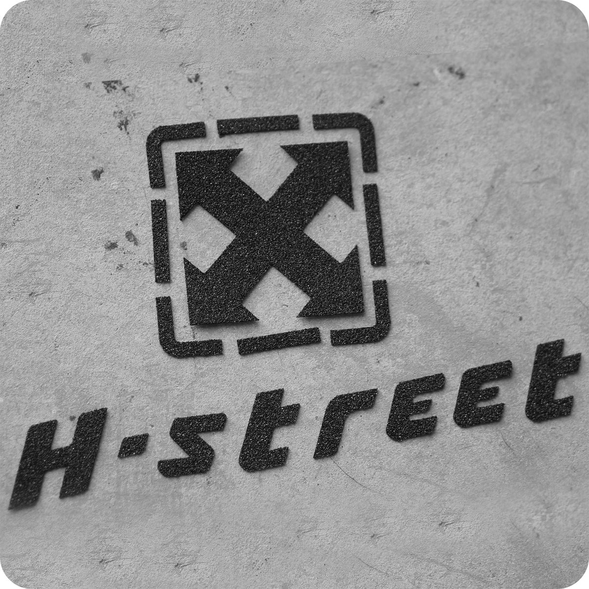 Featuring a black stencil-style X with arrow tips inside a square, and "H-street" below in italic font, the Syndrome H-STREET DIECUT GRIPTAPE is perfect for skateboards as grip tape or an iconic grayscale logo.