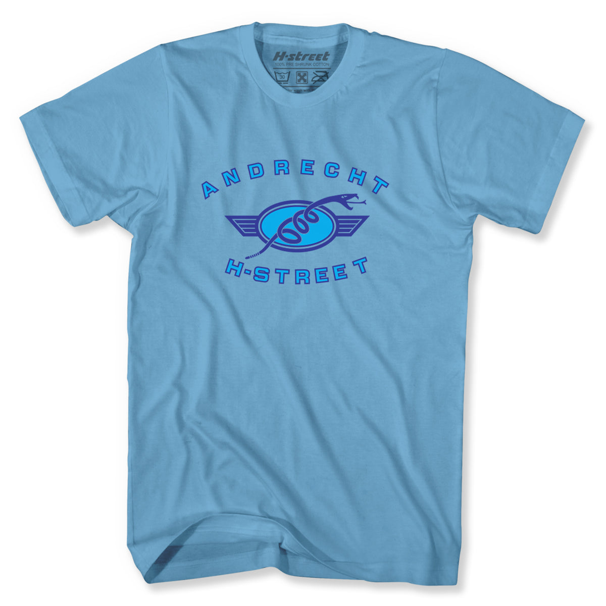 The Minuteman DAVE ANDRECHT - CLASSIC LOGO TEE is a light blue shirt featuring a stylized winged skateboard and bold “ANDRECHT” above “H-STREET”—a must-have for H-Street skateboarding fans.