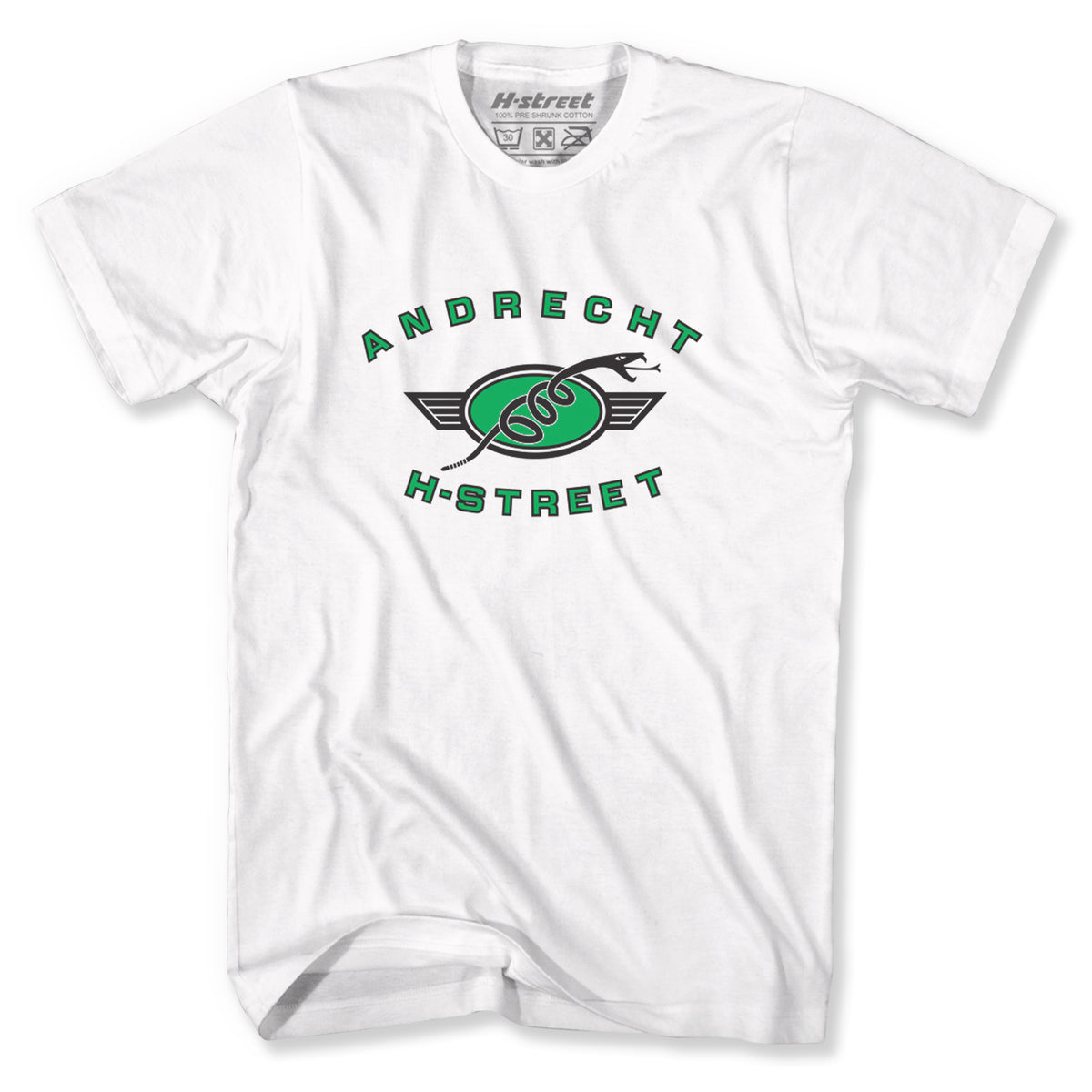 The Minuteman DAVE ANDRECHT - CLASSIC LOGO TEE features green and black "ANDRECHT H-STREET" text above and below a green snake wrapped around a winged skateboard—perfect for H-Street skateboarding fans.