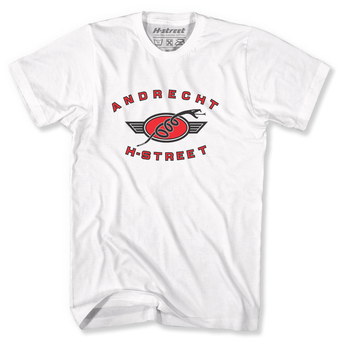 The Minuteman DAVE ANDRECHT - CLASSIC LOGO TEE features a white base with red and black graphics, the word ANDRECHT above, H-STREET below, and a winged skateboarder logo—custom inspired by classic H-Street skate shirts.