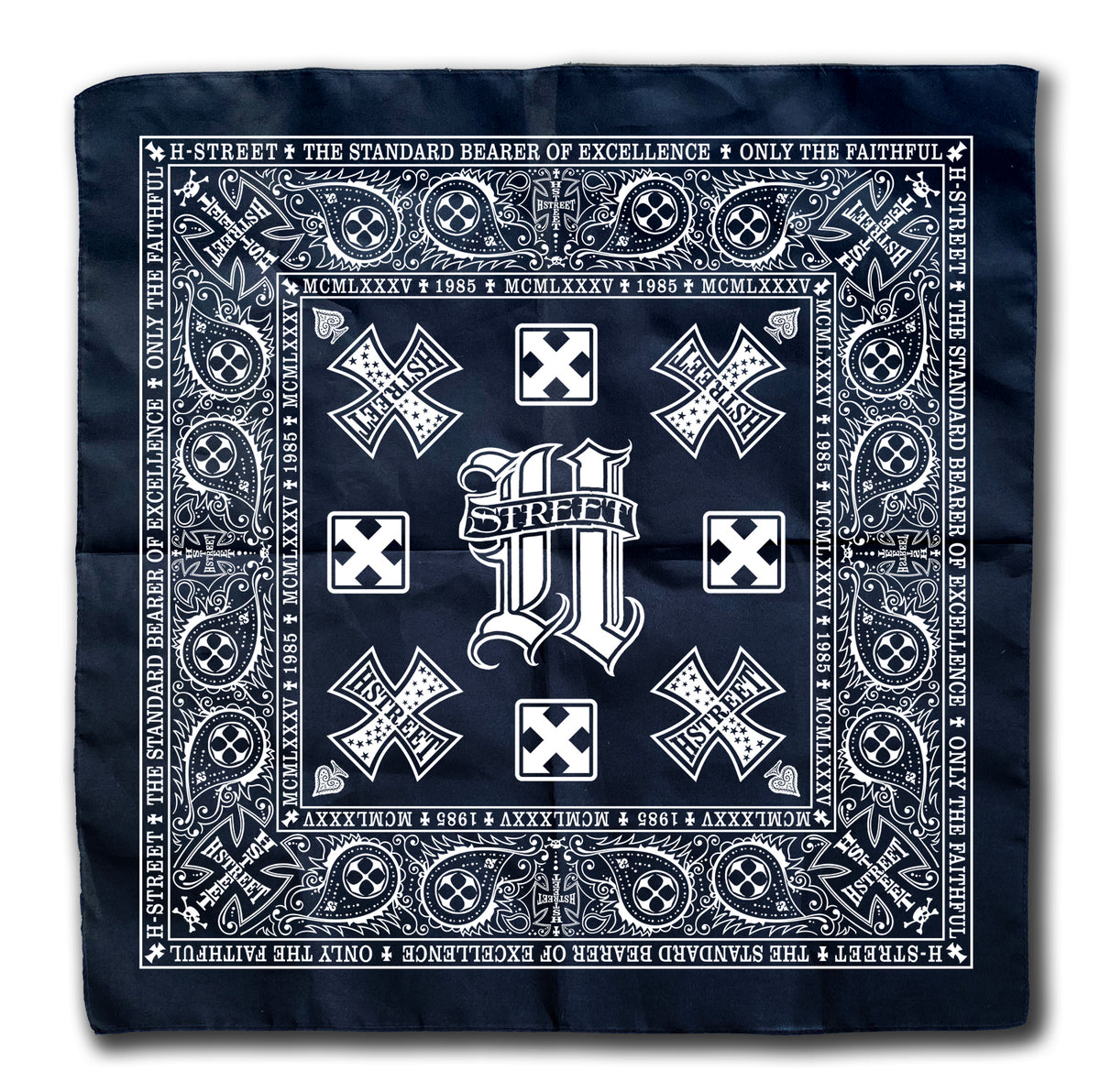 The H-STREET ART BANDANA by China Factory is a navy blue cotton bandana with ornate white patterns, crosses, and a bold H in the center. The borders display "H-STREET," "THE STANDARD BEARER OF EXCELLENCE," and "ONLY THE FAITHFUL.