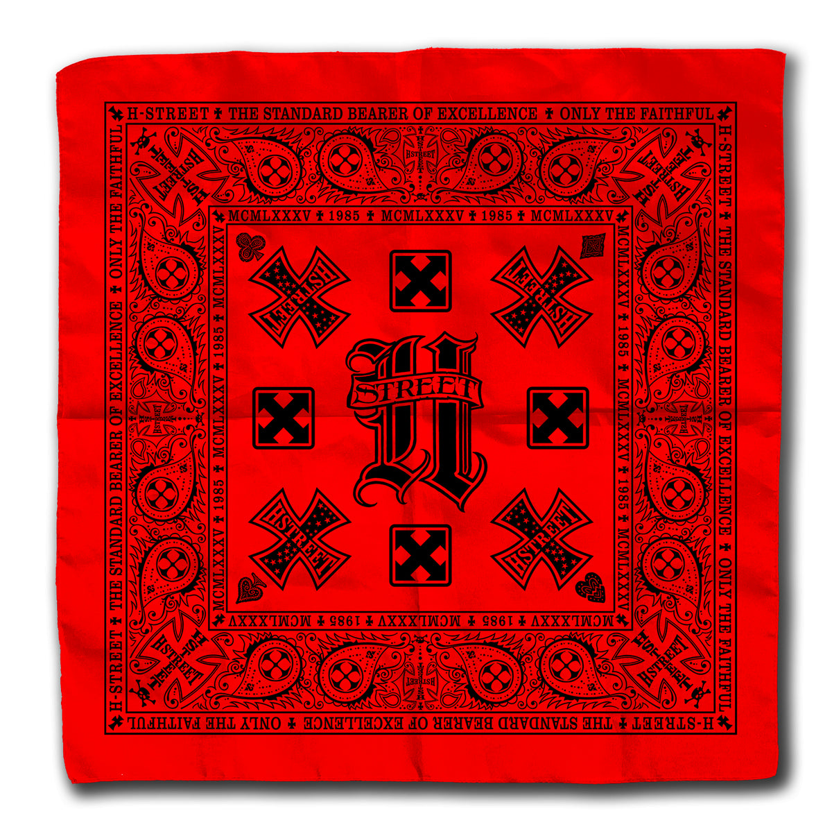 The H-STREET ART BANDANA by China Factory features a red cotton design with black ornate patterns, crosses, and bold “H Street” lettering. The border reads “THE STANDARD BEARER OF EXCELLENCE • ONLY THE FAITHFUL • H-STREET.”.